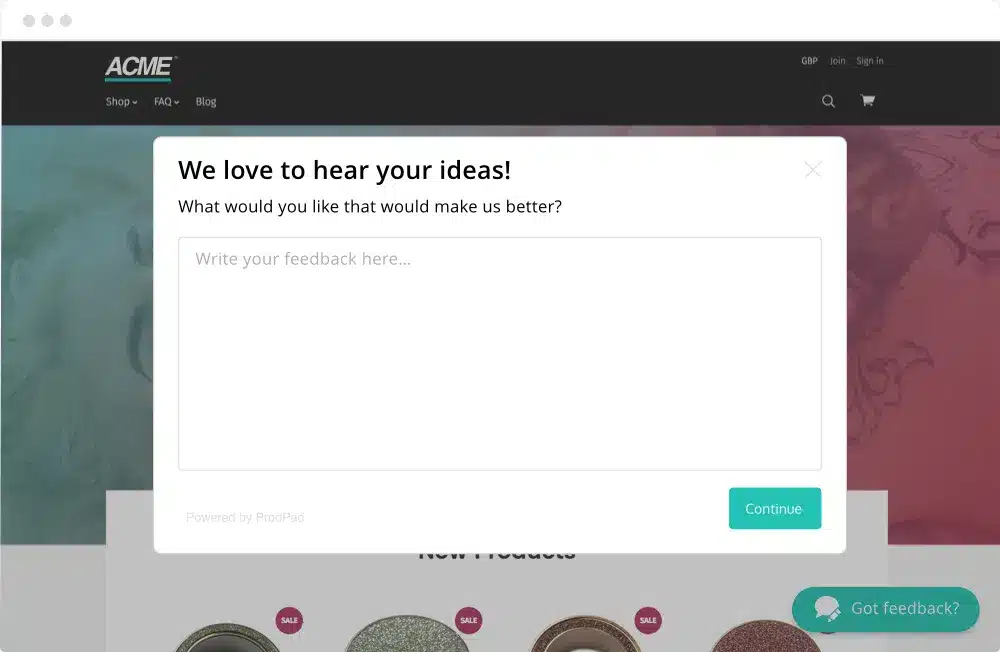 An image showing ProdPad's in-app widget as a way for collecting customer feedback
